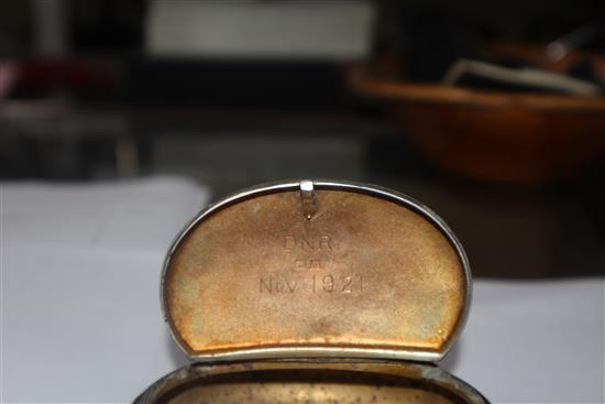 A George V silver tobacco box, a silver pill box, Italian 800 pill box, one other box and a silver mounted photograph frame.